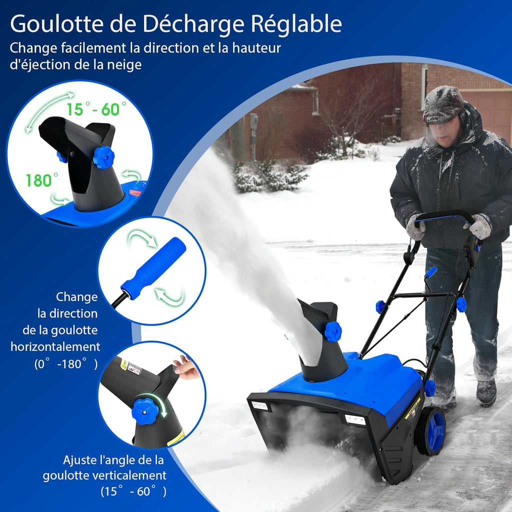 GYMAX Déneigeuse Électrique avec Lumières, Lame 50x25cm, Vitesse 3000rpm, Distance de Jet de Neige 9 m, Goulotte d'Éjection Réglable, Fraise à Neige à Brancher(Bleu)