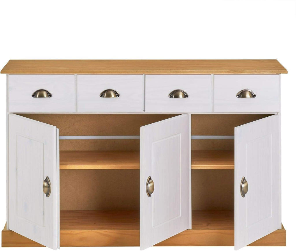 Buffet salle à manger PARIS en bois massif L 116 cm avec 3 portes battantes et 2 tiroirs spacieux, poignées coquille, meuble de rangement pratique, Structure robuste et finition élégante, blanc et bru