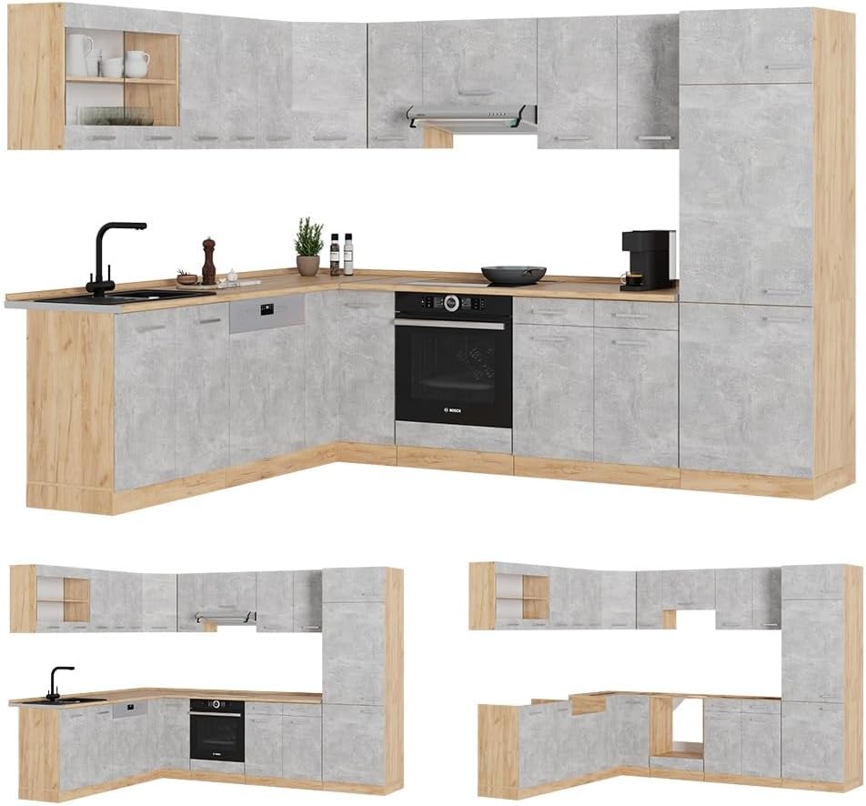 Vicco Cuisine en Angle R-Line, Béton/Force d'or Chêne, 227x287cm, PT Anthracite