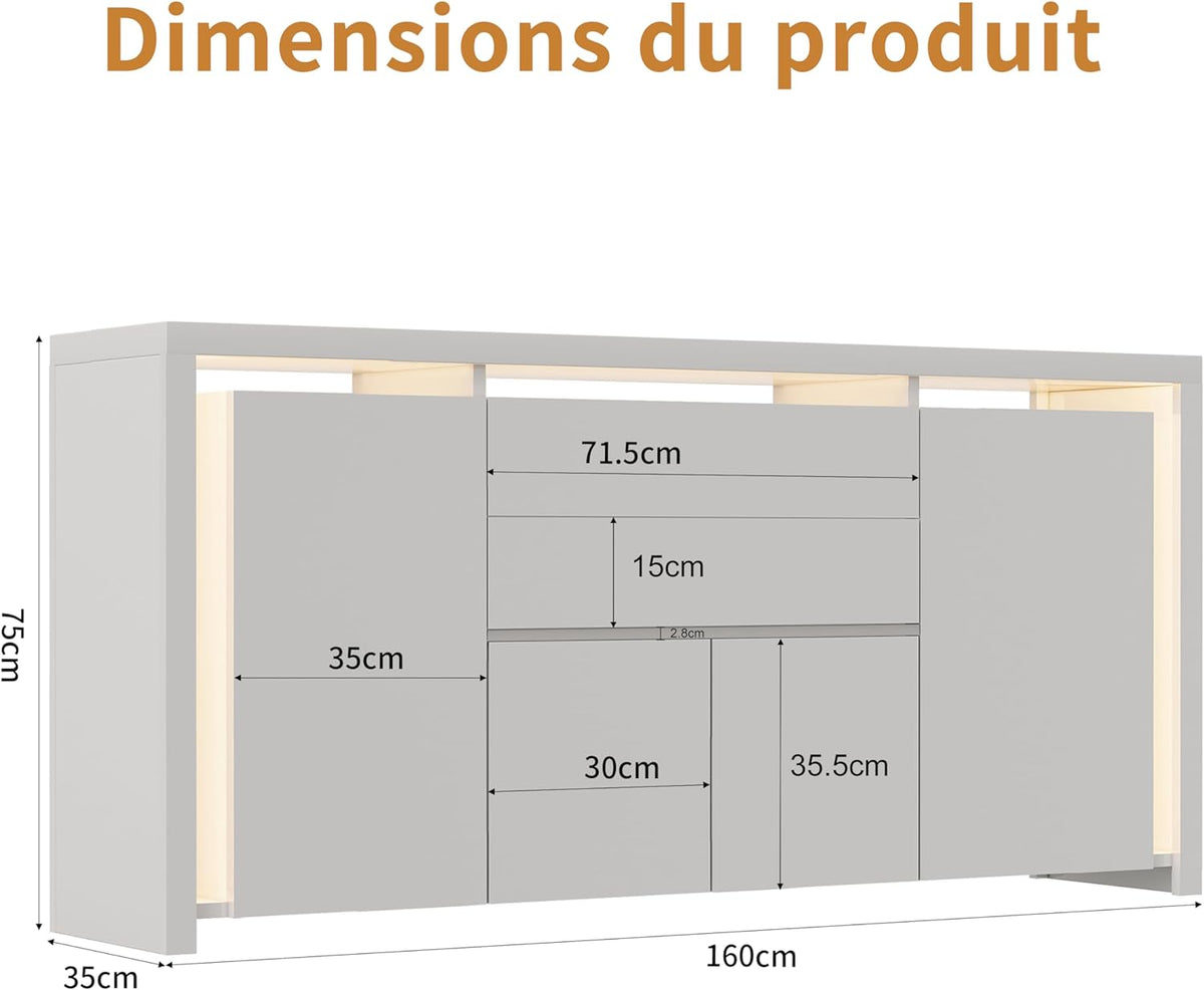 LONELYO Buffet Blanc Laqué 4 Portes2 Tiroirs avec Éclairage LED, Meuble de Rangement Moderne pour Salon, Cuisine ou Entrée, Design Haut Brillant Blanc