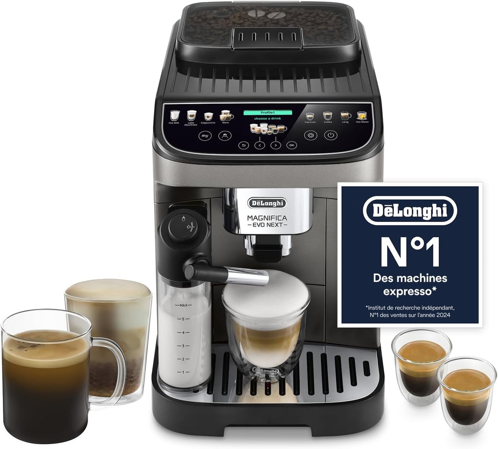 De’Longhi Magnifica Evo Next - Perfetto Machine à Café Automatique avec LatteCrema Mousseur à Lait Automatique, 13 Boissons en une Seule Touche, Écran Tactile Couleurs, Titane et Noir (ECAM312.80.TB)