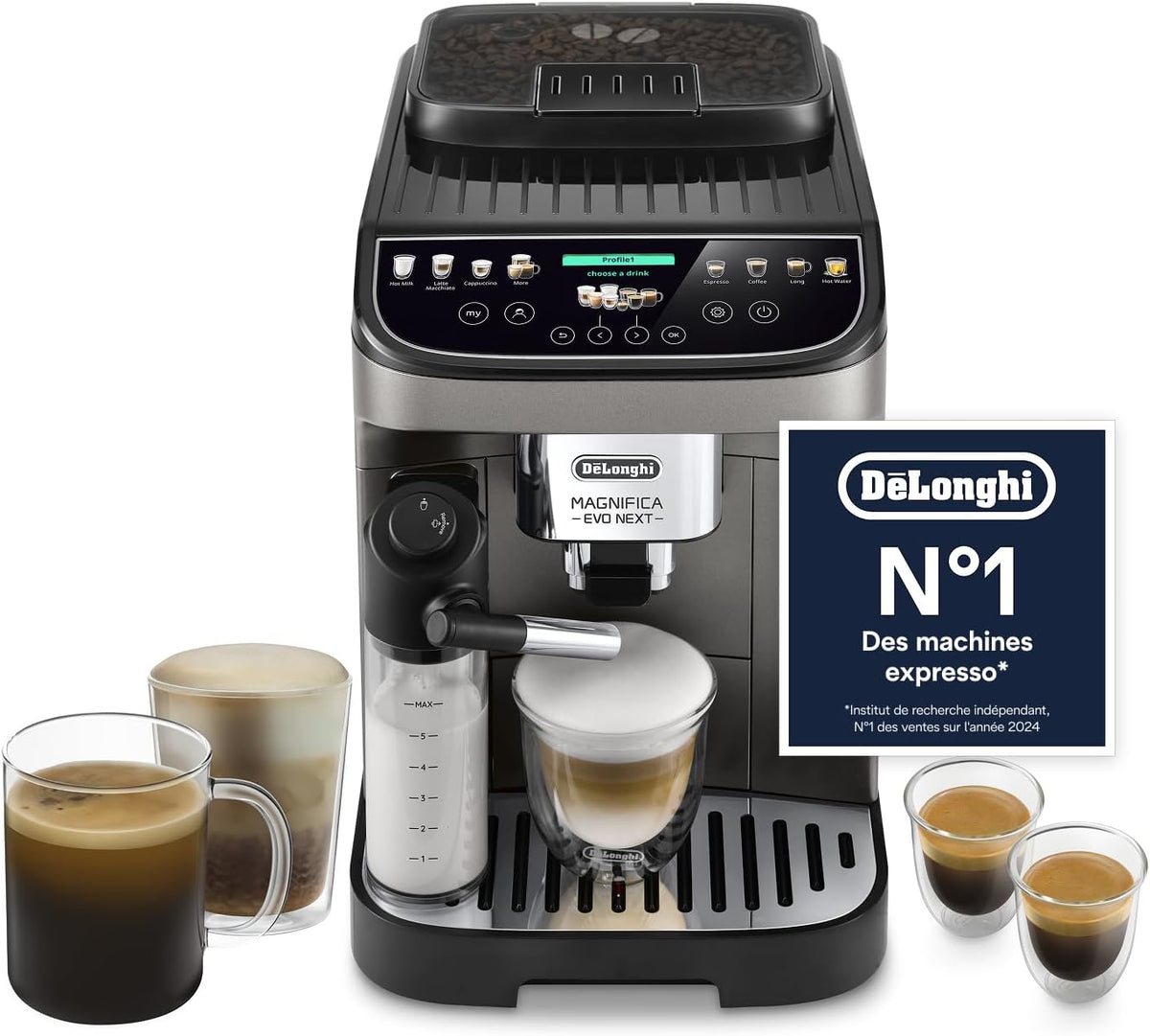 De’Longhi Magnifica Evo Next - Perfetto Machine à Café Automatique avec LatteCrema Mousseur à Lait Automatique, 13 Boissons en une Seule Touche, Écran Tactile Couleurs, Titane et Noir (ECAM312.80.TB)