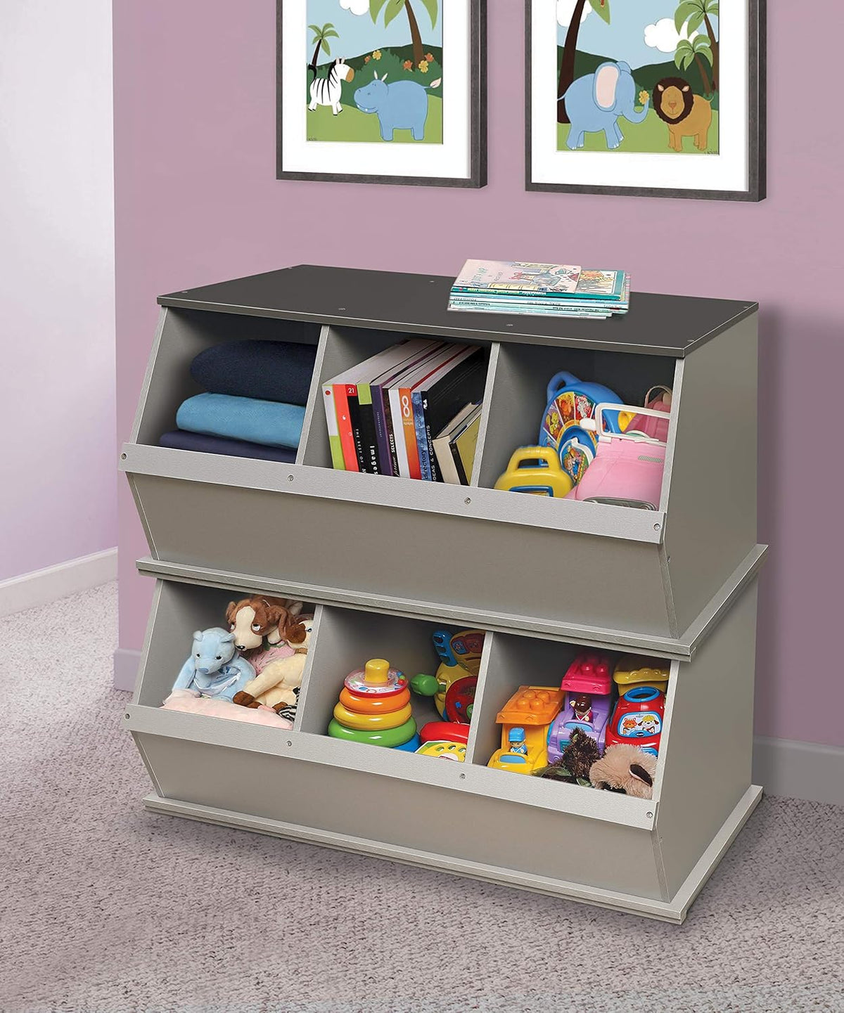 Badger Panier empilable 3 poubelles de rangement ouvert pour jouets de rangement Cubby, gris clair/gris foncé