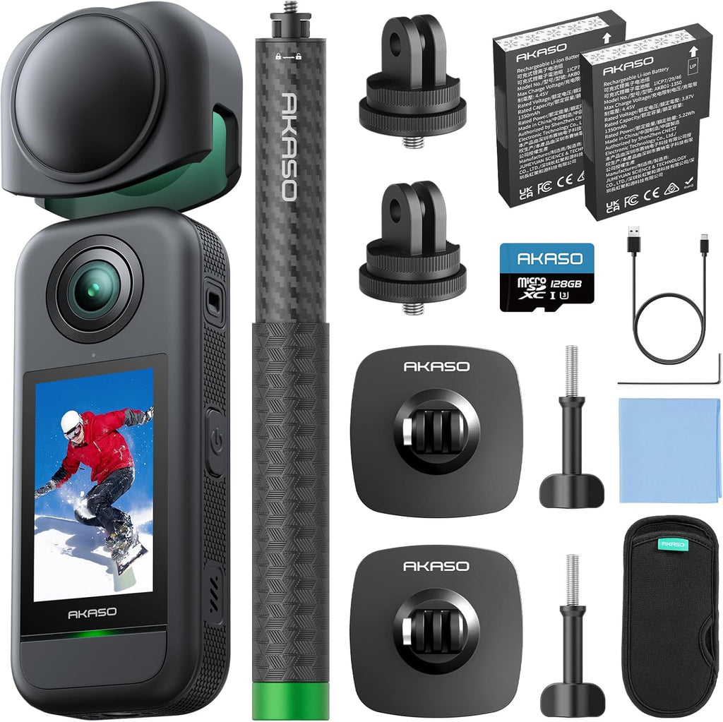 AKASO 360 Aventure Neige Combo - Action Camera Sport à 360° avec Carte Mémoire 128 Go, 5.7K 72MP Photo 360 Vidéo, Stabilisation SuperSmooth, Perche à Selfie Invisible, Horizon 360° Lock, Suivi par IA