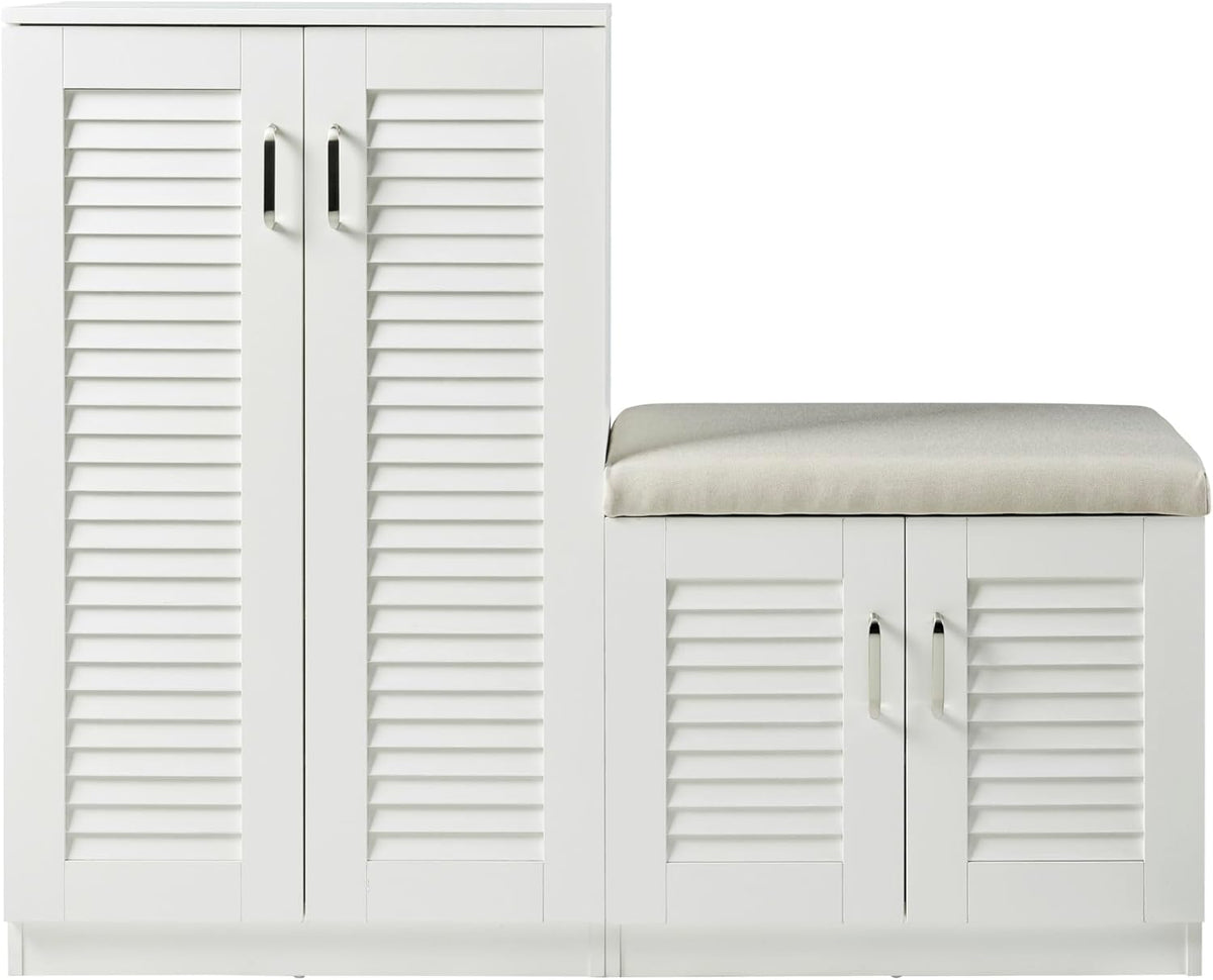 [en.casa] Meuble à Chaussures avec Banquette Armoire à Chaussures pour 18 Paires Meuble de Rangement avec Portes Ajourées MDF 97 x 120 x 36 cm Blanc