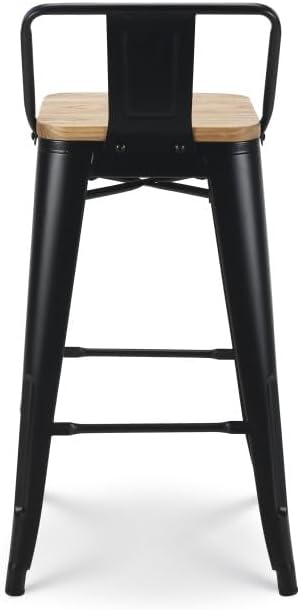 Kosmi Lot de 4 tabourets de Bar en métal Noir Mat Style Industriel avec Dossier et Assise en Bois Clair - Hauteur 66cm