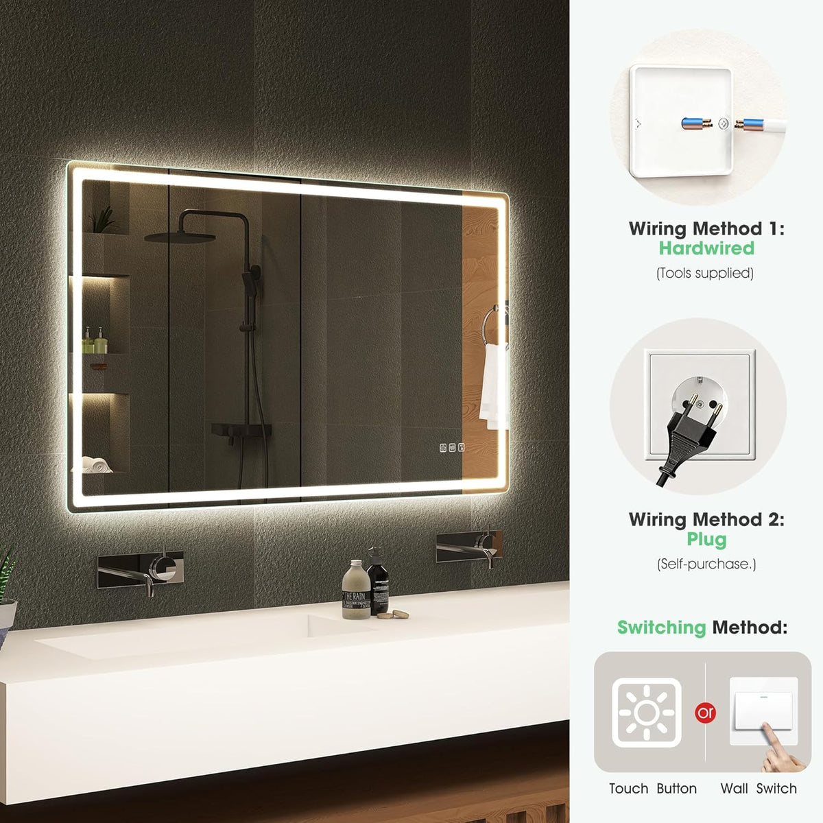 S'bagno Bluetooth-Miroir-Salle-de-Bain-avec-Eclairage-120x70cm, Miroir-LED-Salle-de-Bain Anti-buée, 3000K-6500K, Dimmable, Mémoire, Verre trempé HD, IP44-Miroir-Salle-de-Bain-Led, Horizontal/Vertical