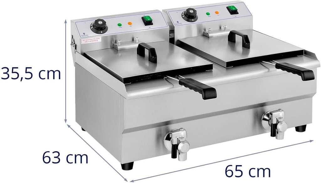 Royal Catering Friteuse Électrique 2 x 13 L, Zone Froide, Thermostat, De Restaurant Double Avec Robinet Professionnelle Commerciale