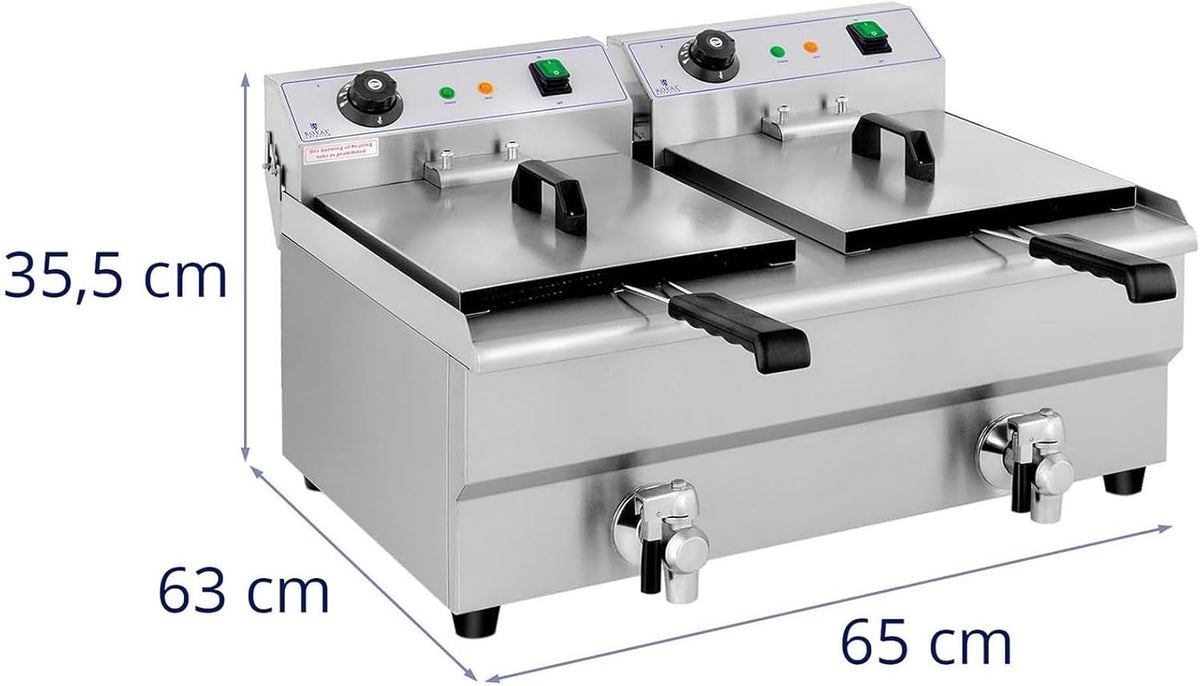 Royal Catering Friteuse Électrique 2 x 13 L, Zone Froide, Thermostat, De Restaurant Double Avec Robinet Professionnelle Commerciale