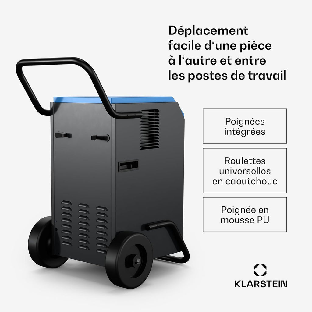 Klarstein DuraDry 50L déshumidificateur d'air, 52 dB, réservoir de 5,5L, minuterie 24h, dégivrage auto, filtre lavable, portable, déshumidificateur électrique pour grands espaces, sous-sols, entrepôts