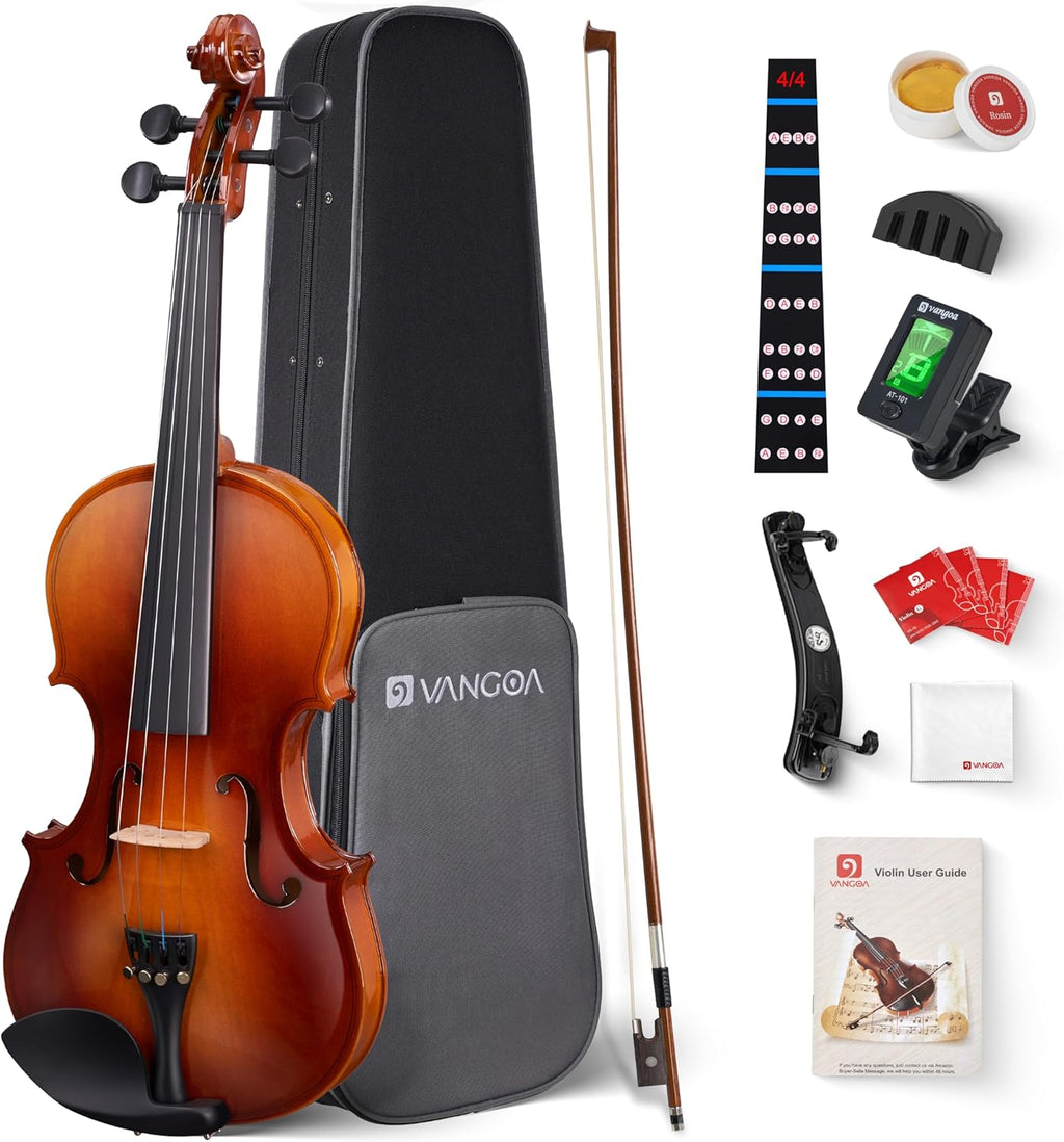 Vangoa Ensemble de violon acoustique 4/4 fabriqué à la main avec planche latérale en bois massif, étui rigide léger pour débutants, adolescents, à partir de 12 ans, adultes, droitier