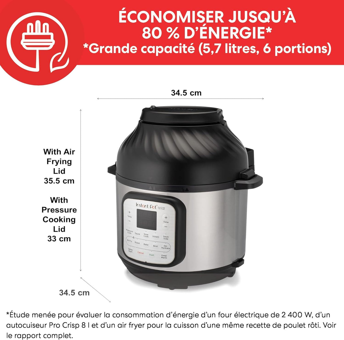 Instant Pot Duo Effet Croustillant, Multicuiseur 11 en 1 - Autcuiseur Friteuse à Air, Cuisson Lente, à la Vapeur, Sous-Vide, Déshydrateur, Chauffe-Plat et Fonction Pâtisserie - 5.7 L