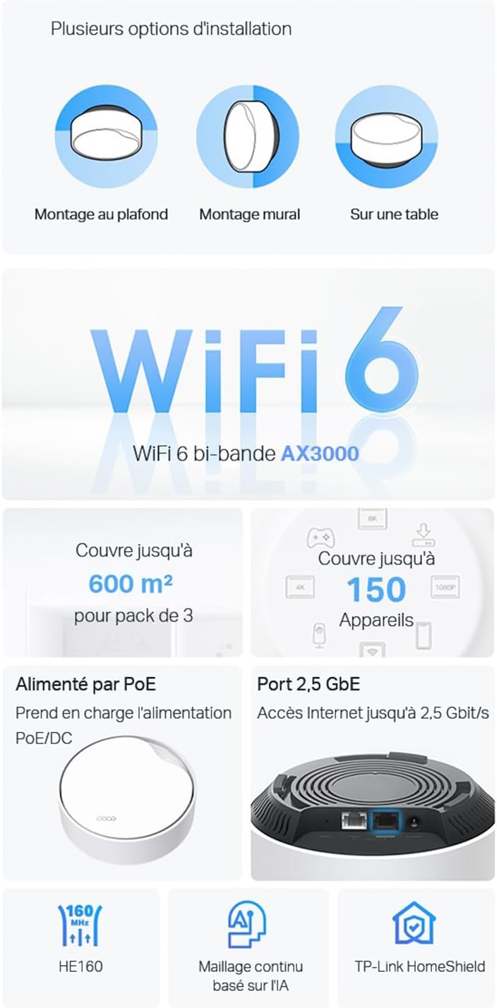 TP-Link Deco WiFi 6 Mesh AX3000Mbps bi-Bande avec PoE Deco X50-PoE(3-Pack), Couverture de 600㎡, 1 Port 2,5 Gbit/s + 1 Port Gigabit, AI-Driven Mesh