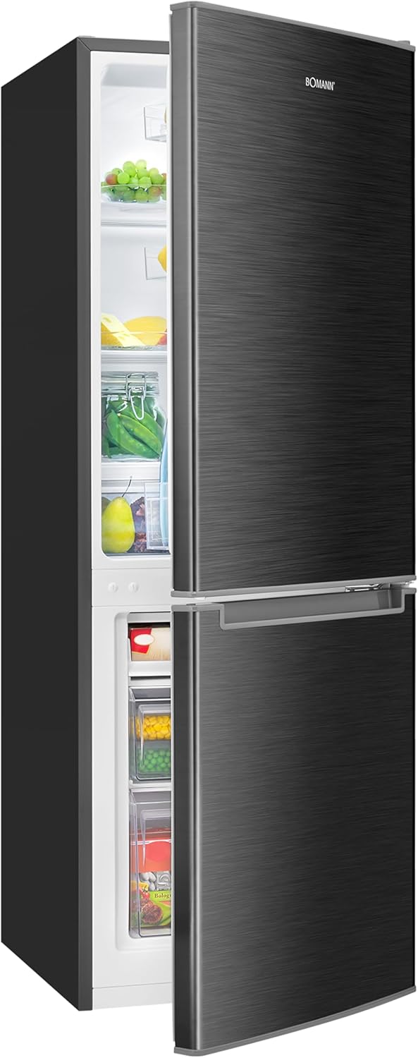 Bomann, Réfrigérateur et Congélateur 173L KG7359-Noir, 121L Réfrigérateur, 52L Congélateur 4 Étoiles, Contrôle Température, Éclairage LED, Design Réversible, Idéal pour Cuisine Moderne