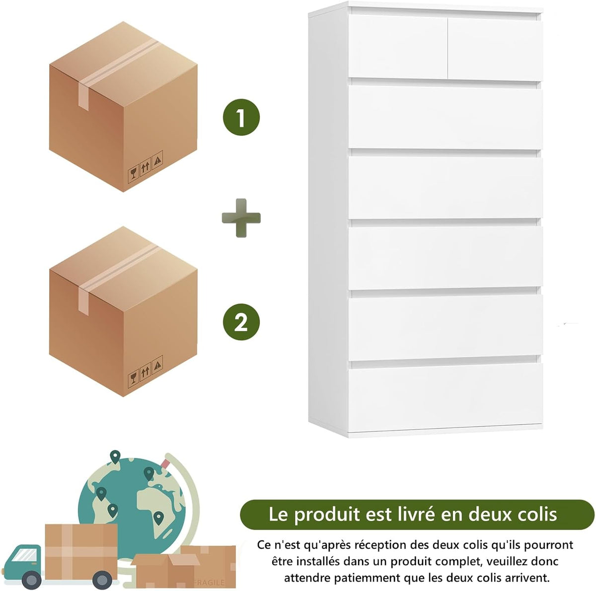 FOREHILL Commode 7 Tiroirs Commode Chambre Adulte Chiffonnier Haut Commodes Rangement Blanche Armoire à Tiroirs pour Salon Couloir en Bois 60x40x119cm