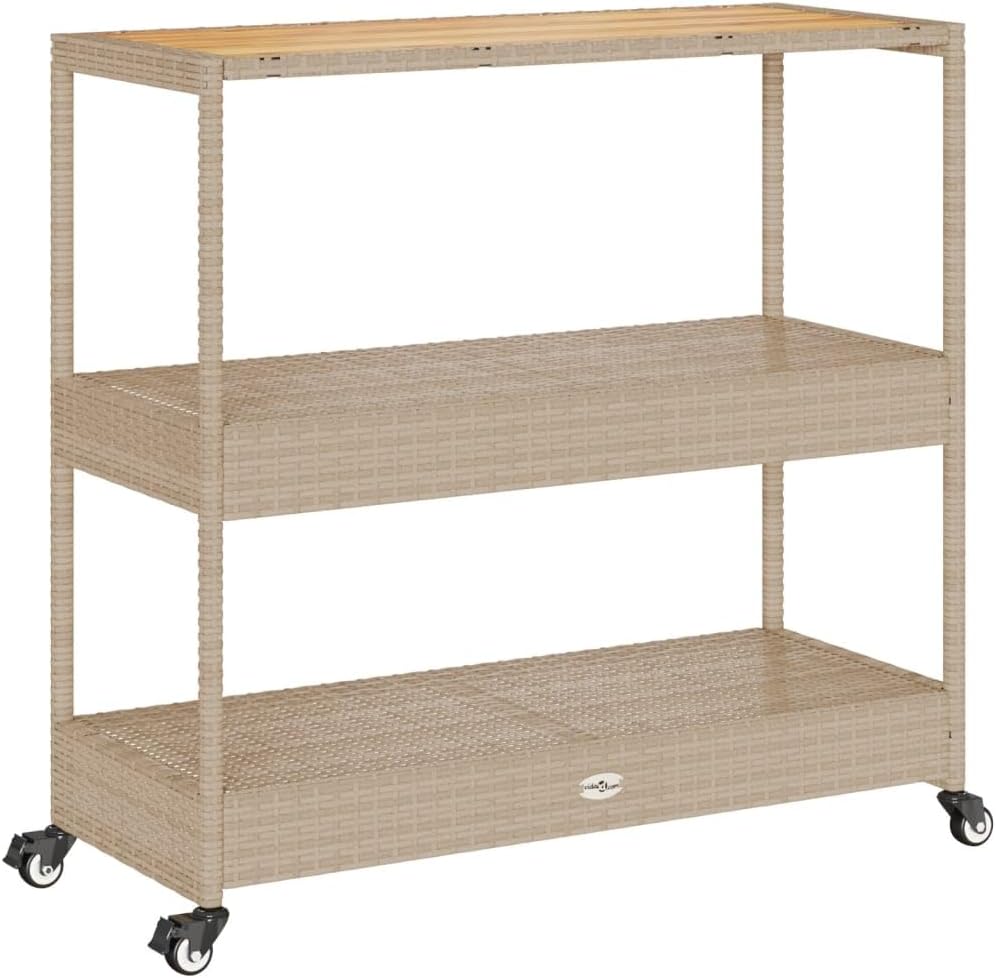 Tomostar Desserte de Jardin, Chariot de Bar Desserte Extérieur 3 Niveaux Beige rotin et Bois d'acacia Massif