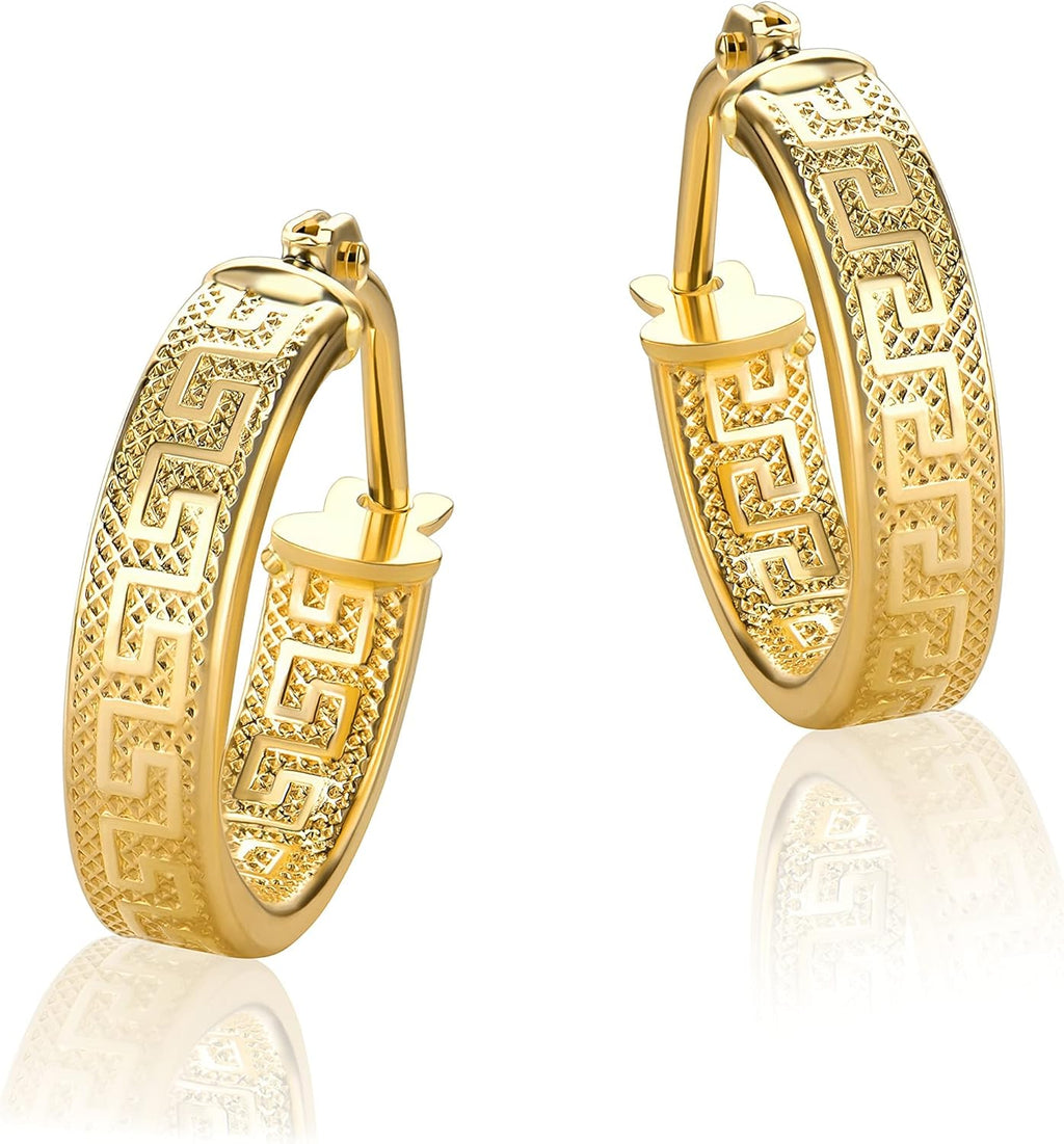 Boucles d'oreilles PR141 en or jaune 585 de 14 carats - Motif petite clé grecque - 3 x 14 mm de diamètre