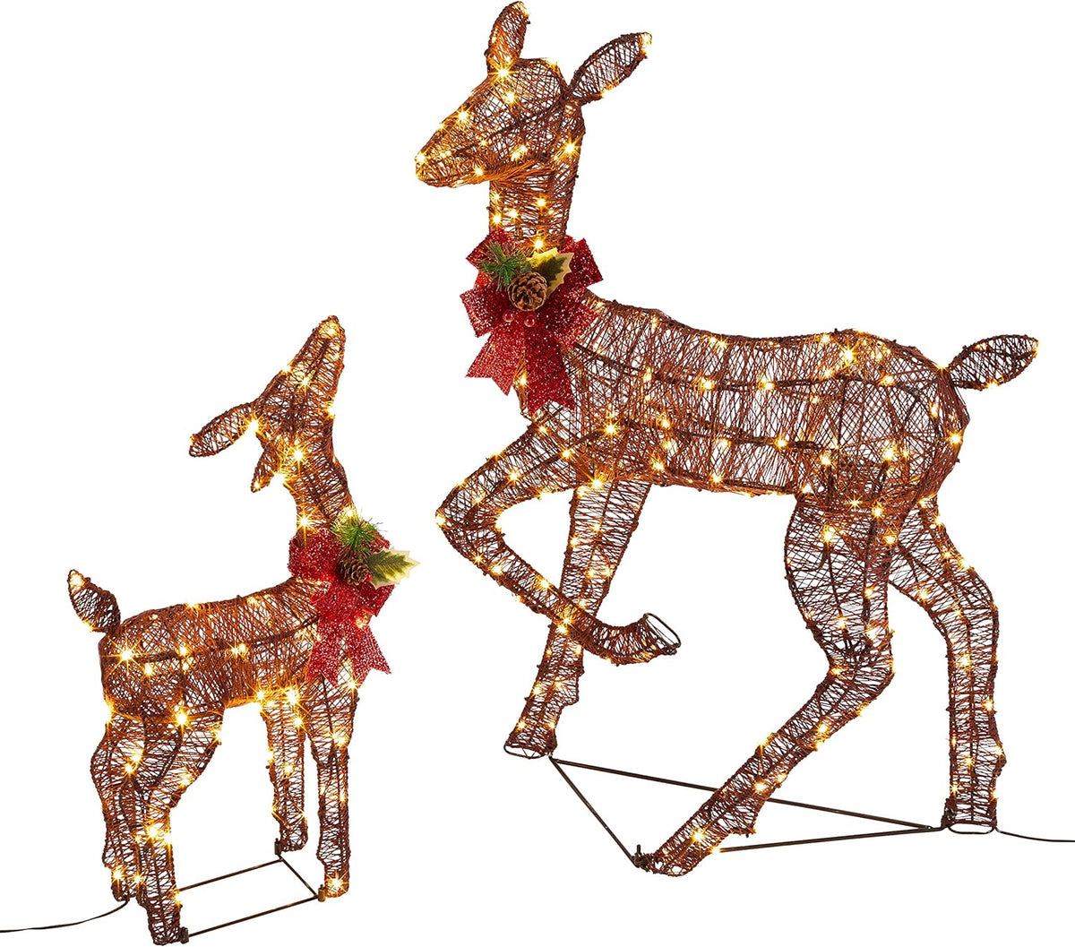 Lights4fun Déco Biche et Faon de Noël en Fils de Coton Marron avec LED Blanc Chaud pour Extérieur