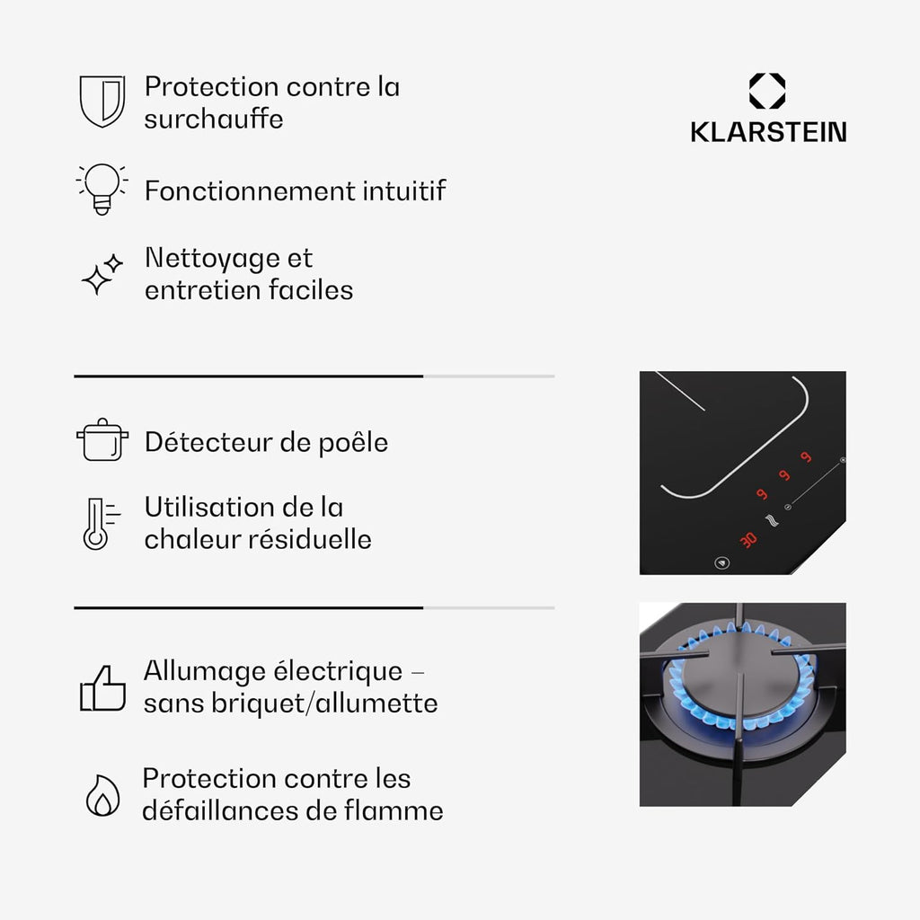 Klarstein MultiChef 5 Plaque Induction Et Gaz - Table De Cuisson À, 5 Zones, Flexzone, Stop&Go, Minuterie, Supports En Fonte, Noir, 87.5Cm