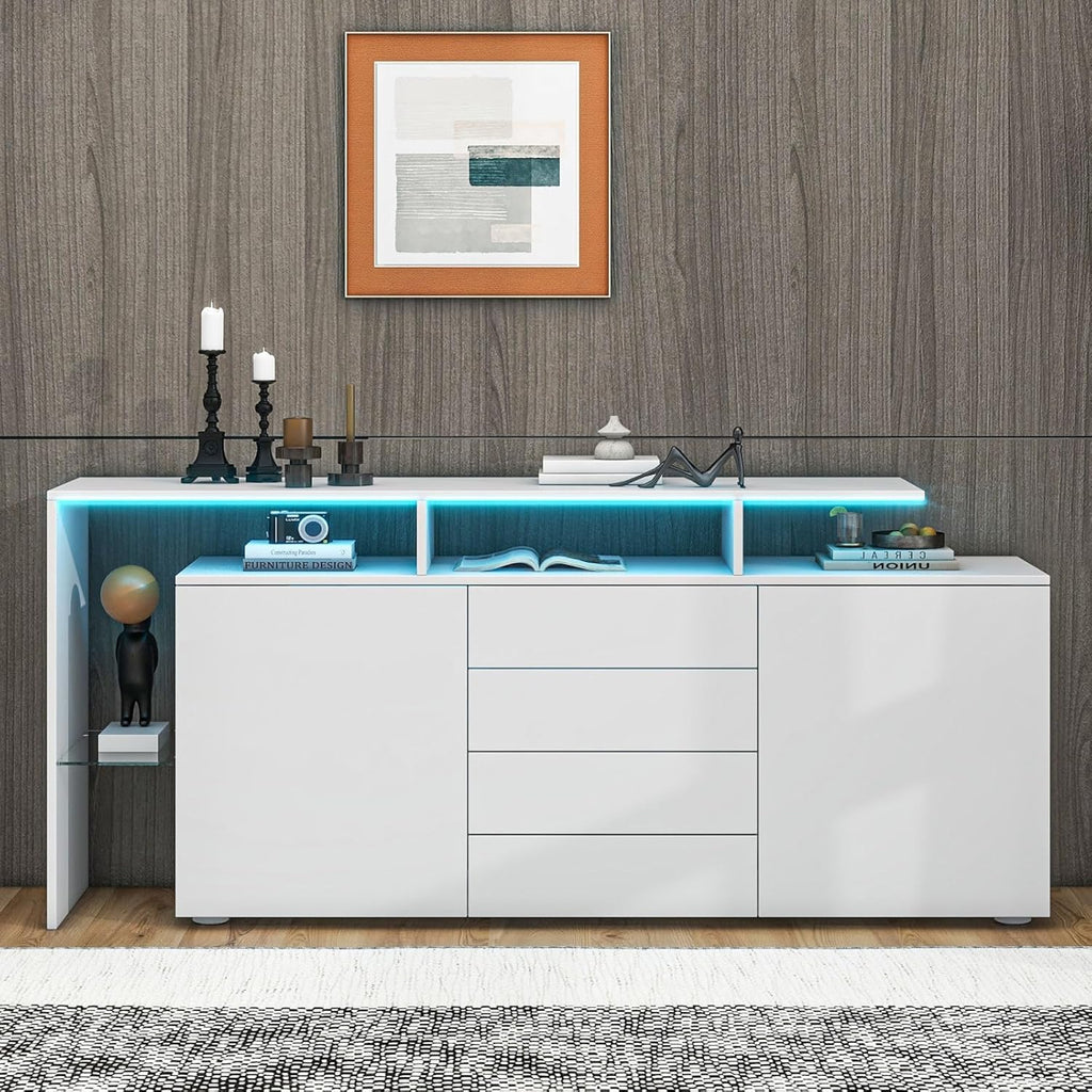 Entapuk Buffet LED, Meuble Polyvalent 2 Portes 4 Tiroirs, Vitrine Salle à Manger, Blanc Brillant