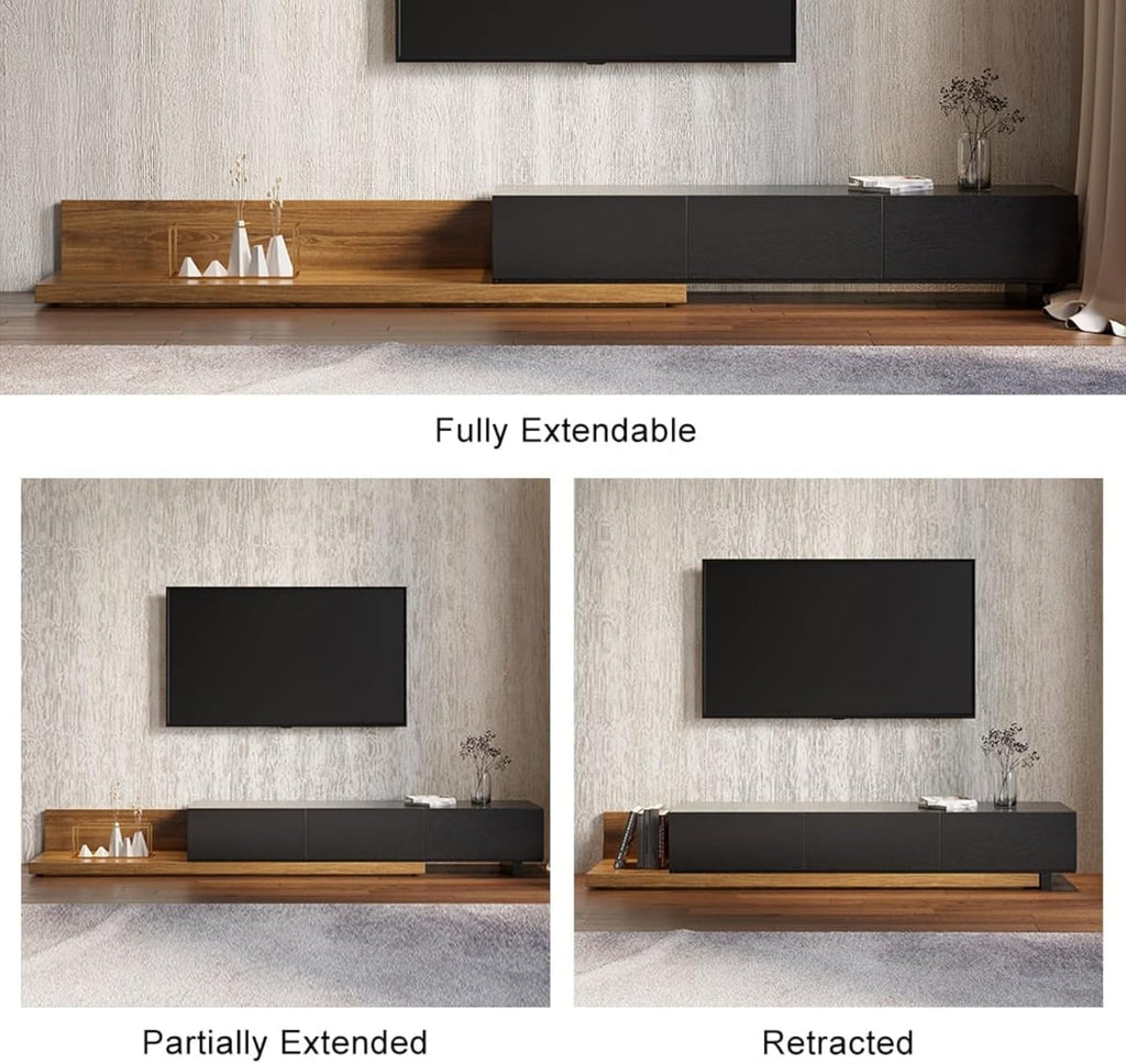Homary Meuble TV Extensible 3 Tiroirs, Centre de Divertissement pour TV Jusqu'à 120 (Noyer et Gris, 200 cm L × 40 cm P × 35 cm H) (Noir et Noyer)