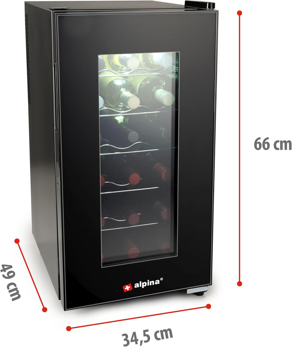 alpina Cave à Vin - 230V - 18 Bouteilles/50L - Température Réglable de 11°C à 22°C - Porte Vitrée et Éclairage Intérieur - Peu ou pas de Bruit - Noir