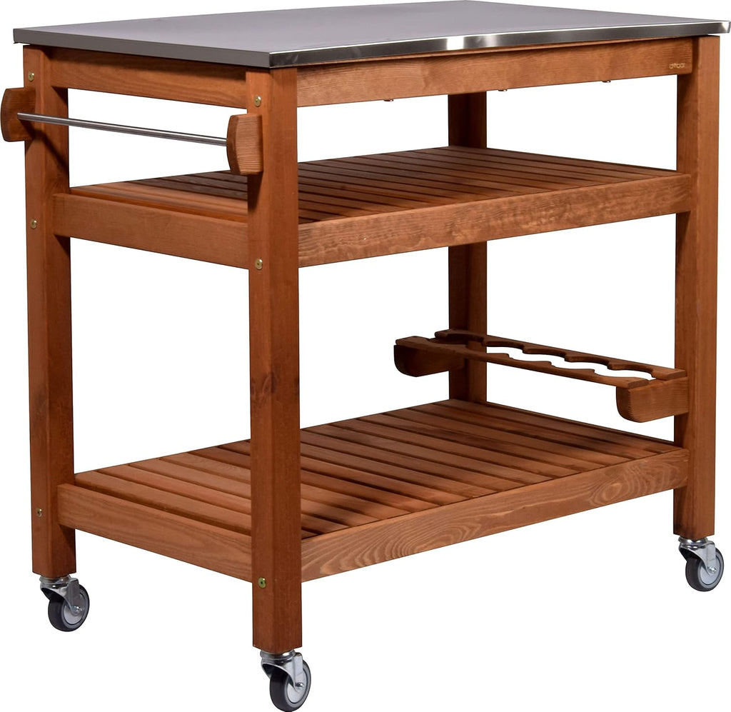 dobar 35540FSCe Desserte à roulettes d'extérieur avec Plateau en Acier Inoxydable 94 x 58 x 90 cm Pin Marron