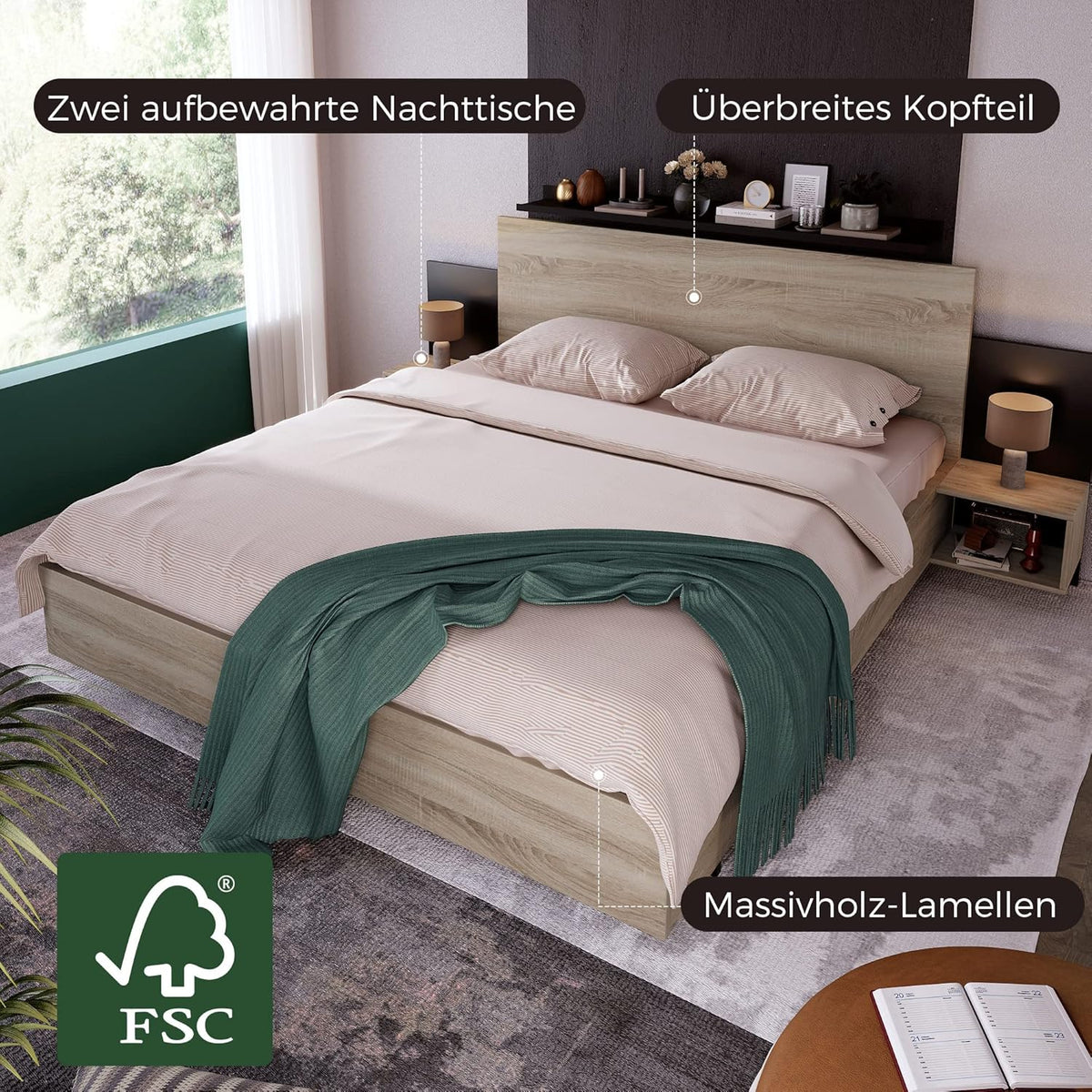 Lit moderne en bois 160 x 200 cm – Avec 2 tables de chevet et design en bois naturel – Ensemble de chambre à coucher en chêne Sonoma (gris foncé)