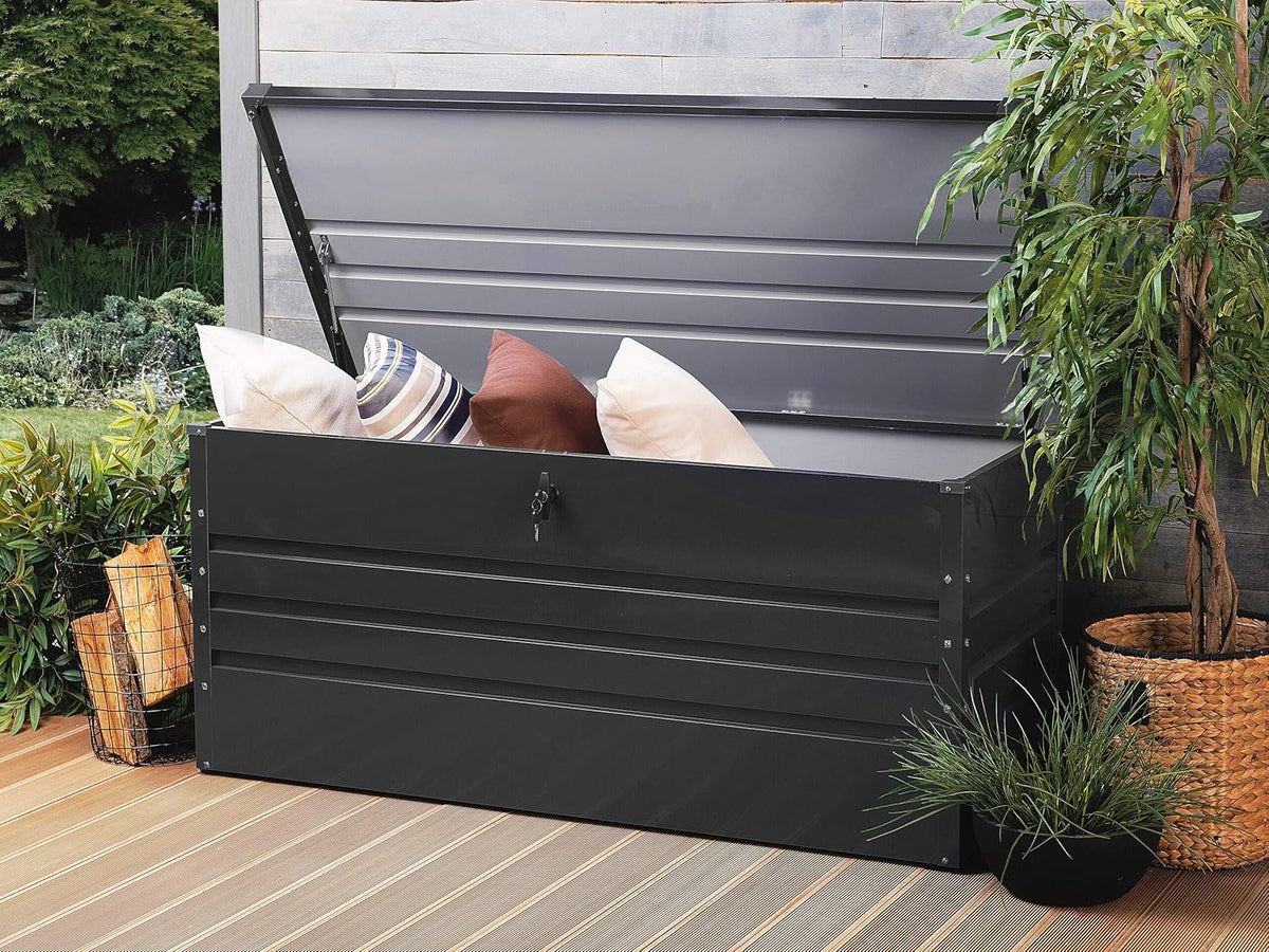 Beliani Coffre de Rangement Extérieur 165 x 70 cm 400 Litres en Acier Galvanisé Gris Foncé Idéal pour les Accessoires de Jardin Durable et Décoratif