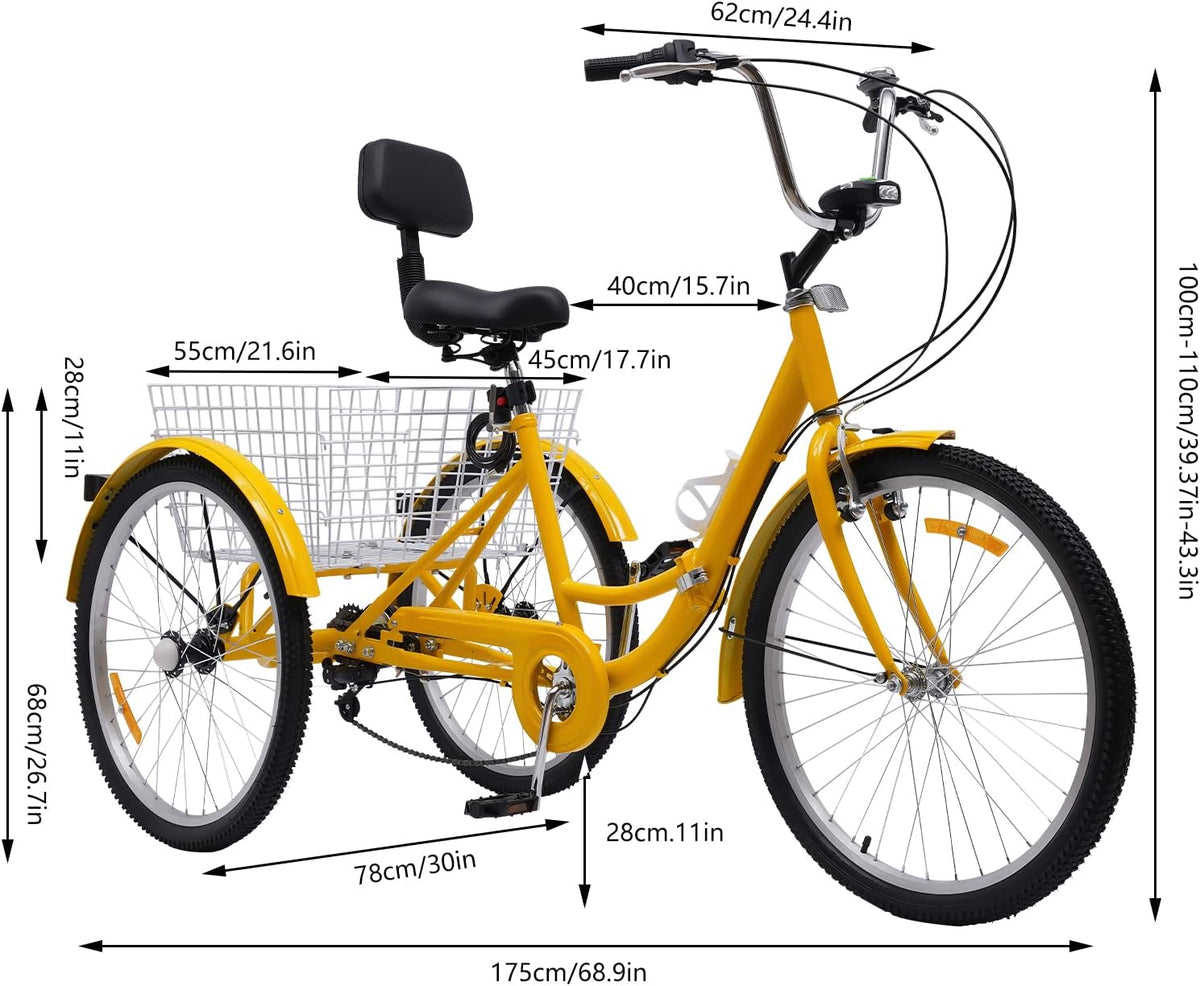 Tricycle pour adulte tricycle 24 pouces 7 vitesses 3 roues vélo avec panier et porte-gobelet d'eau, tricycle pliable pour adulte, lumière avant LED et réflecteurs UE