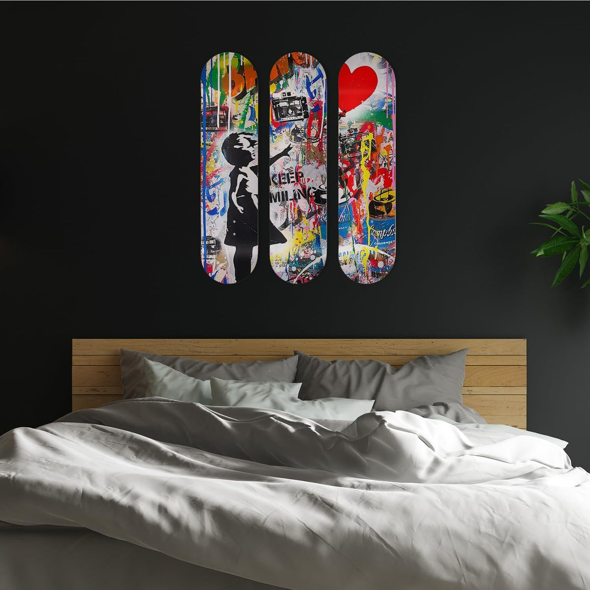 SUPER FABRIQUE Planche Alu forme Skate Board pour décoration murale, Keep Smiling inspired by Mr Brainwash, pour une déco originale (3 Planches)