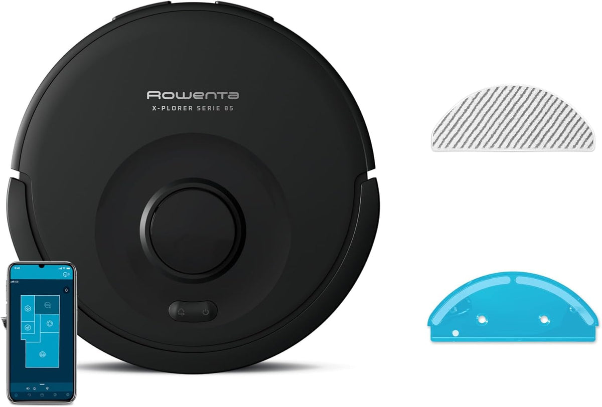 Rowenta X-PLORER Serie85, Aspirateur robot laveur, Aspiration en profondeur, Navigation intelligente, Détection laser à 360°, RR87C5FE, Noir