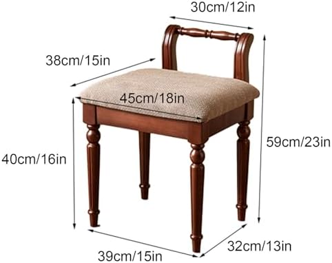 Élégant tabouret de coiffeuse rétro avec siège rembourré confortable et pieds en bois massif, chaise de maquillage pour femme, capacité de 109 kg (noyer sans dossier)