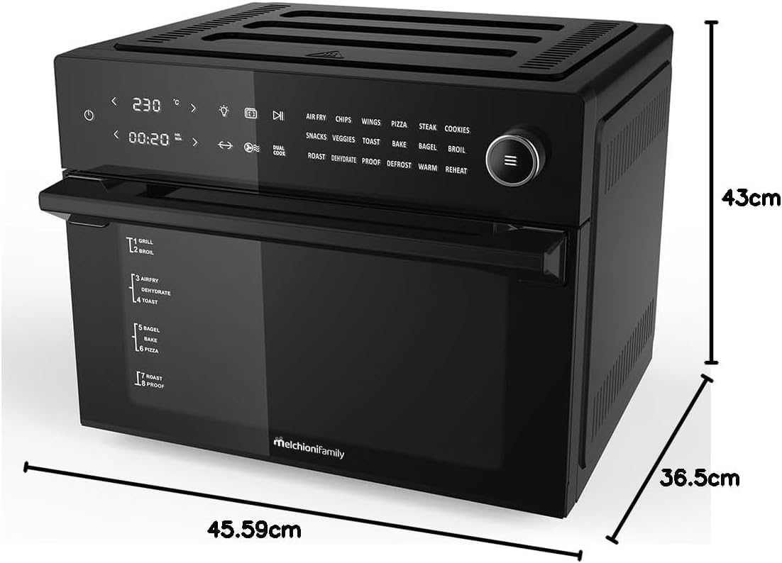 Melchioni Family | Heißluftfritteuse mit 30 Liter Kapazität BENEDETTA, Digitales Display, Dual Cook Funktion, Air Fryer mit 18 Programmen, 30-230°C, Timer 12h, Schwarz, Noire