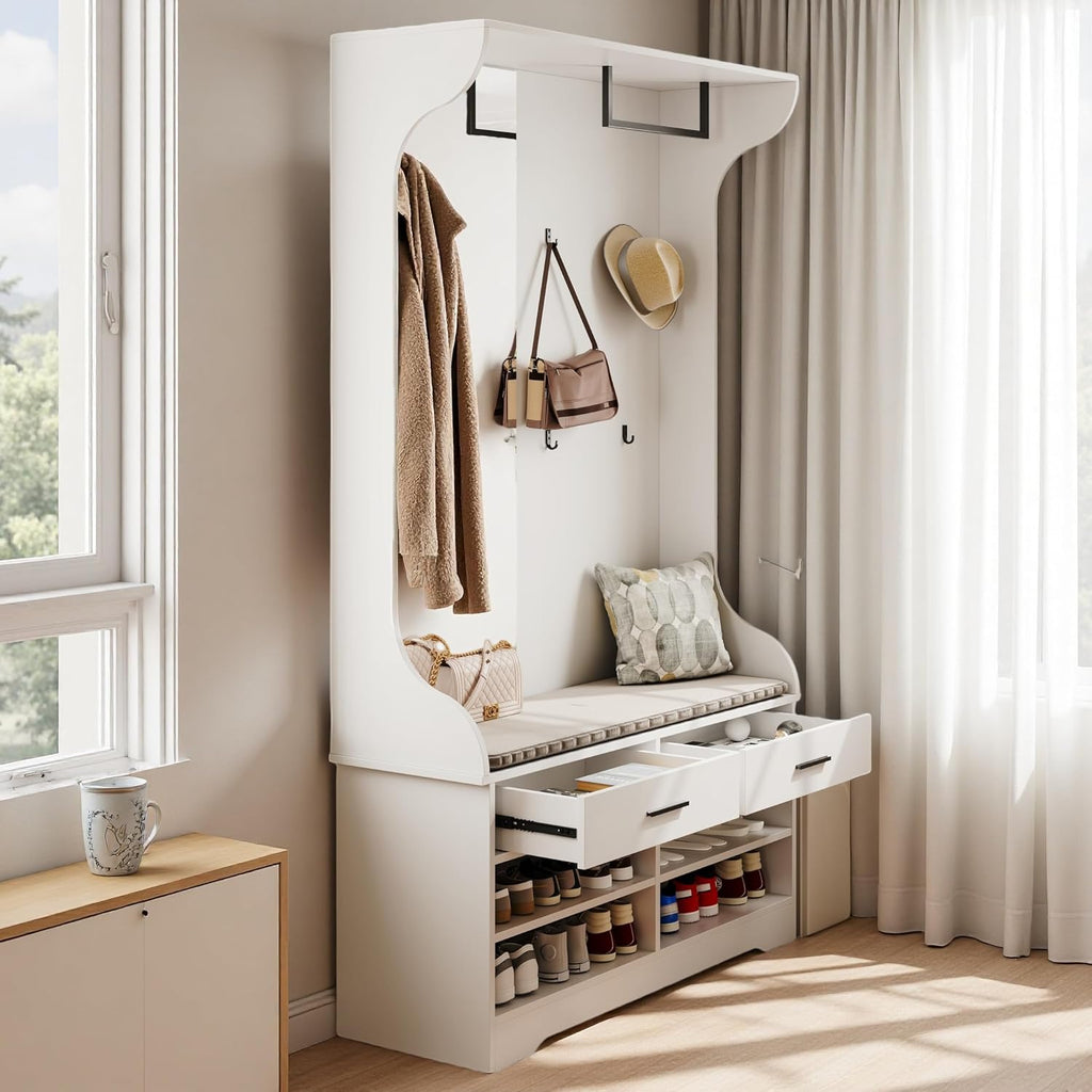 Lietre Ensemble de Vestiaire avec Miroir, Meuble d'Entrée avec Armoire à Chaussures et 2 Tiroirs, Garde-Robe de Couloir avec 4 Crochets et 1 Tringle