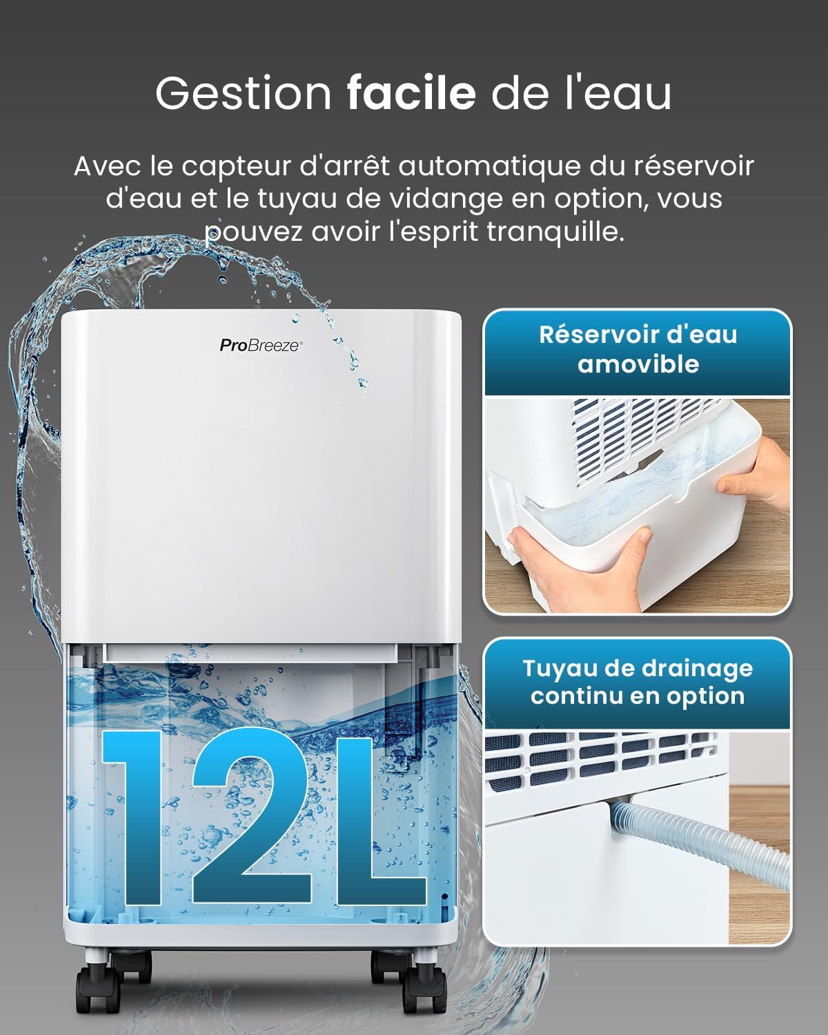 Pro Breeze Déshumidificateur d Air 12L/jour, Éliminateur de Moisissure Noire, Absorbeur d'Humidité Automatique, Sèche-linge, Déshumidificateur Compresseur Portable Silencieux, Minuterie 24h