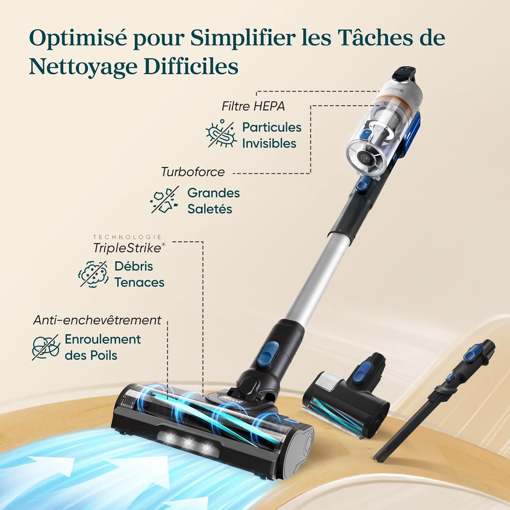LEVOIT Aspirateur Balai sans Fil, Anti-emmêlement, Filtration HEPA à 99,99 pour cent 240 W Puissante, jusqu'à 60 Min, Affichage LED, avec Mini Brosse Turbo pour Sols, Poils d'animaux Balai Électrique