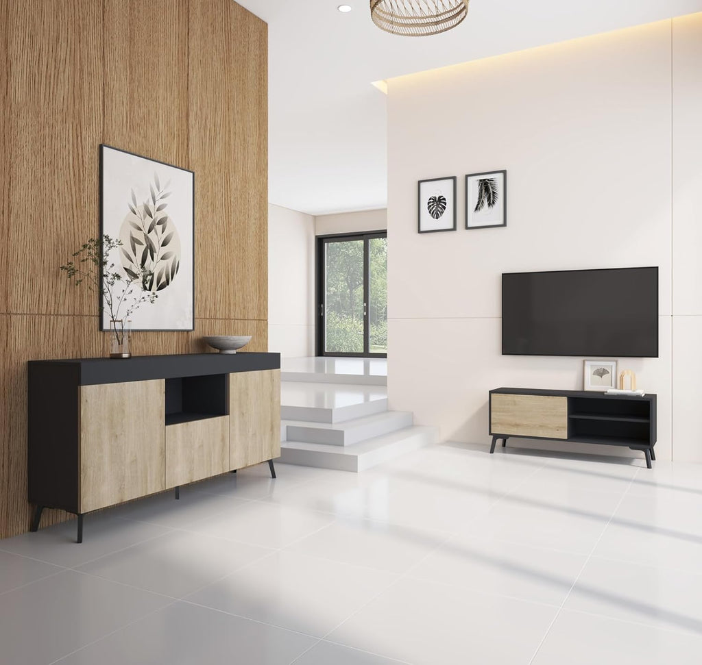 MB Muebles Bonitos, Ensemble de Meubles de Salon Kai avec Buffet et Meuble TV, Design Moderne, Mélamine Mate, Couleur Noir et Sonoma