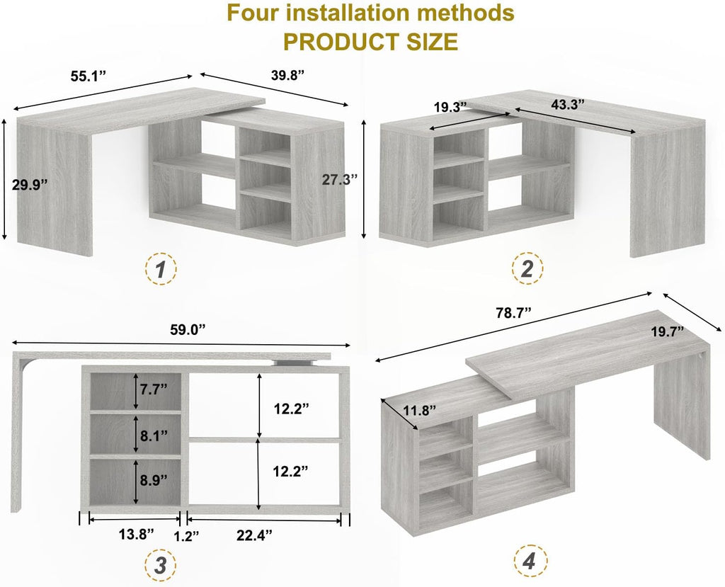 HSH Bureau d'angle gris en forme de L avec étagères de rangement, bureau d'ordinateur réversible en forme de L avec armoire de rangement, bureau d'angle réglable pour PC, écriture, étude, travail, 140