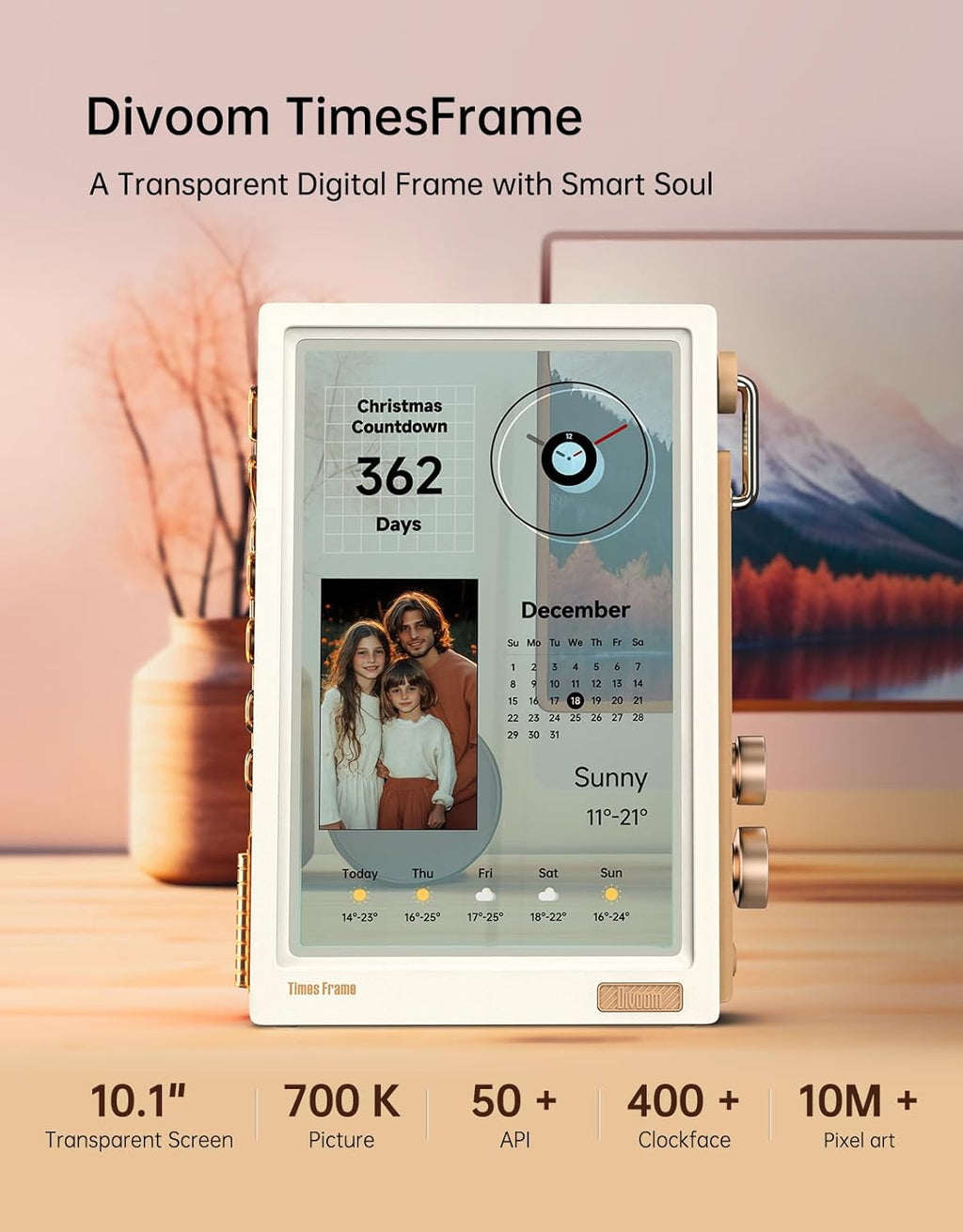 Divoom Times Frame – Cadre Photo numérique 10,1" Wi-FI 64 Go, écran IPS Flottant Bouton RVB, +400 Cadrans widgets communauté Pixel Art (Blanc)