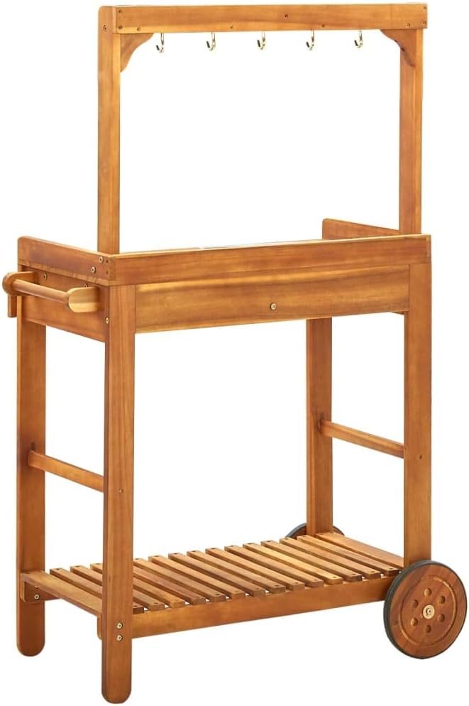 RAUGAJ Chariot de cuisine de jardin en bois d'acacia massif 92 x 43,5 x 141,5 cm, matériau de l'article : bois d'acacia massif avec finition huilée