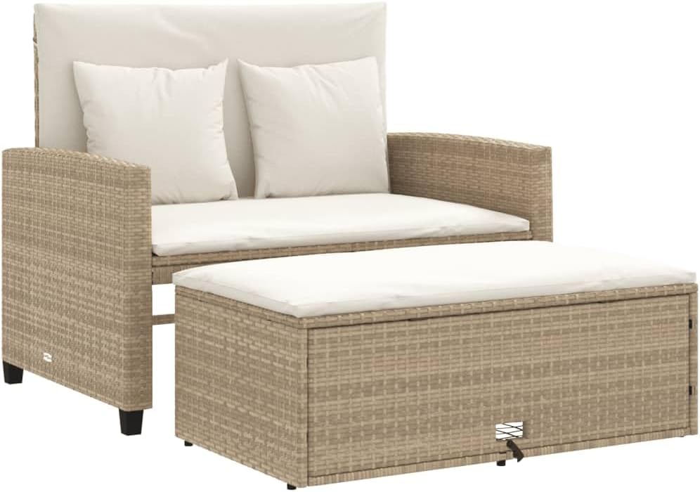 vidaXL Canapé de Jardin avec Coussins 2 Places, Siège avec Repose-Pieds, Canapé-lit avec Dossier, Meuble de Terrasse Patio, Beige Résine Tressée