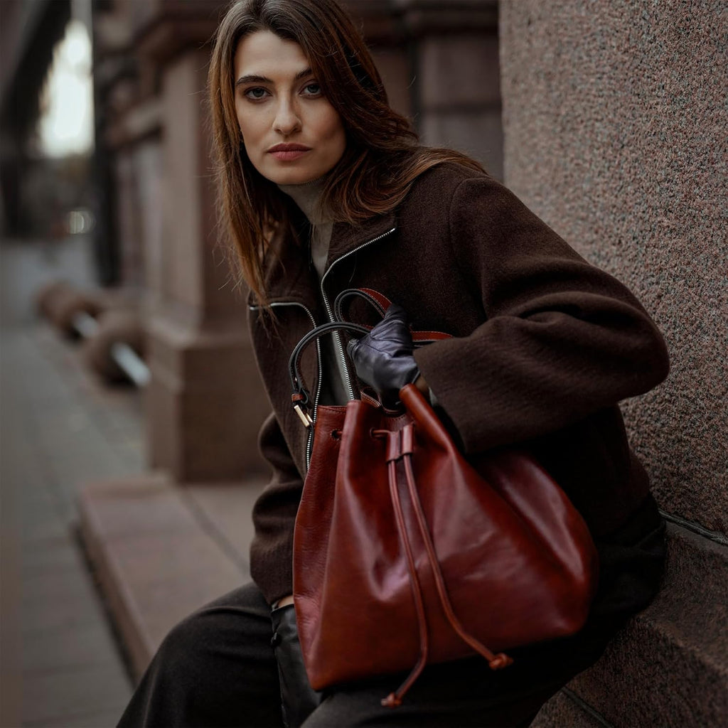 Time Resistance Sac Seau en Cuir - Sac à Main en Cuir Pleine Fleur pour Femme - Sac à Épaule Fait Main en Italie