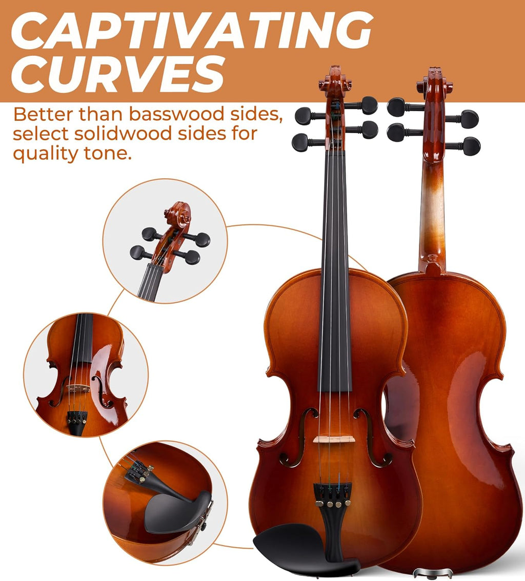 Vangoa Ensemble de violon acoustique 4/4 fabriqué à la main avec planche latérale en bois massif, étui rigide léger pour débutants, adolescents, à partir de 12 ans, adultes, droitier