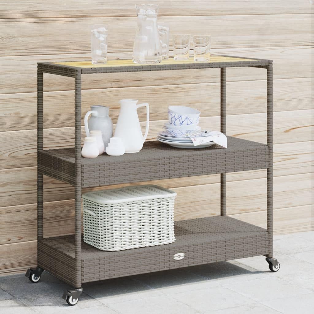 Tomostar Desserte de Jardin, Chariot de Bar Desserte Extérieur 3 Niveaux Gris rotin et Bois d'acacia Massif