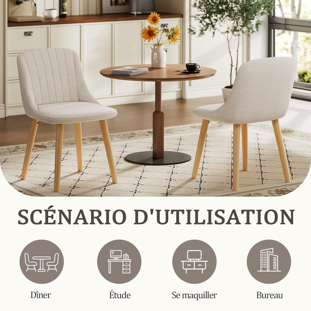 Goeurvant Lot de 6 Chaise Beige Salle a Manger Pieds Bois Chaises de Salon Chaises de Cuisine en Polyester avec Dossier pour Salon