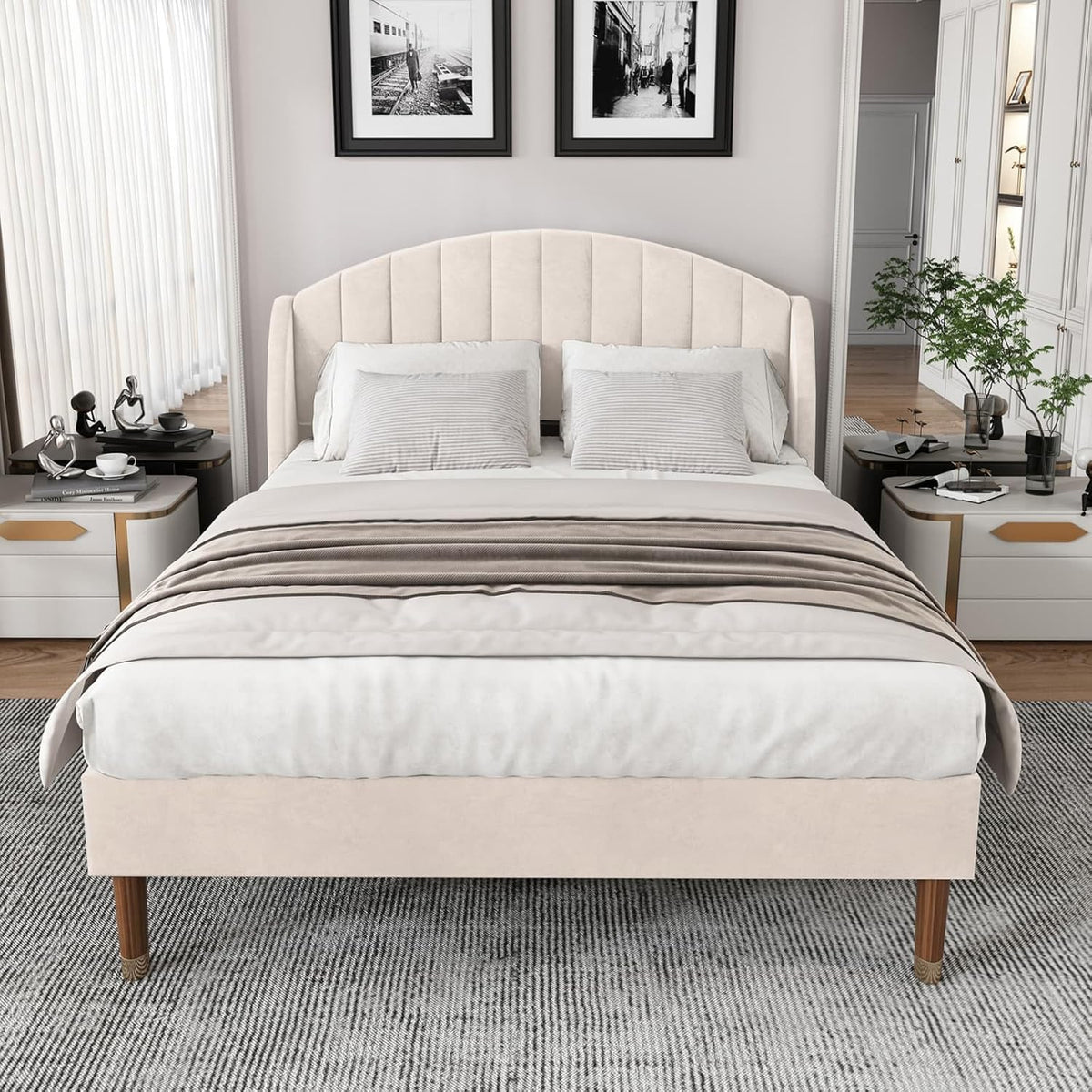 KOMHTOM Lit Double Rembourré en Velours avec Tête de lit, Lit Plateforme pour Adolescents et Adultes,Chambre à Coucher sans Matelas Beige, 160 x 200cm