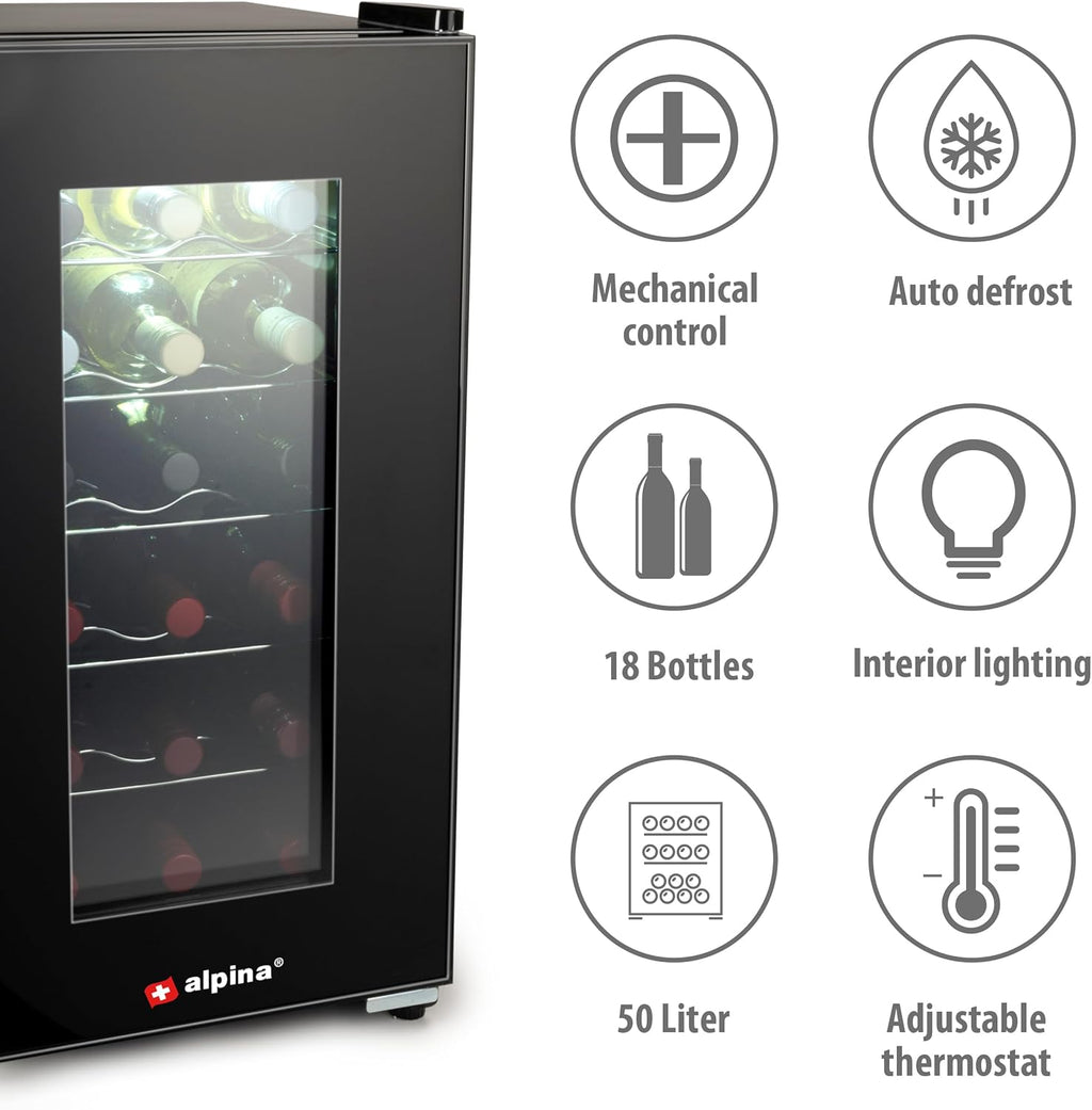 alpina Cave à Vin - 230V - 18 Bouteilles/50L - Température Réglable de 11°C à 22°C - Porte Vitrée et Éclairage Intérieur - Peu ou pas de Bruit - Noir