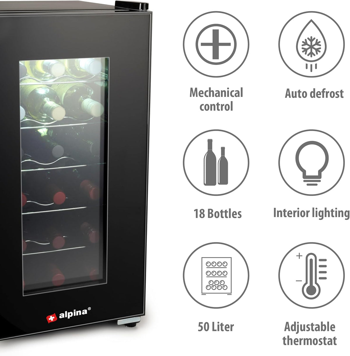 alpina Cave à Vin - 230V - 18 Bouteilles/50L - Température Réglable de 11°C à 22°C - Porte Vitrée et Éclairage Intérieur - Peu ou pas de Bruit - Noir