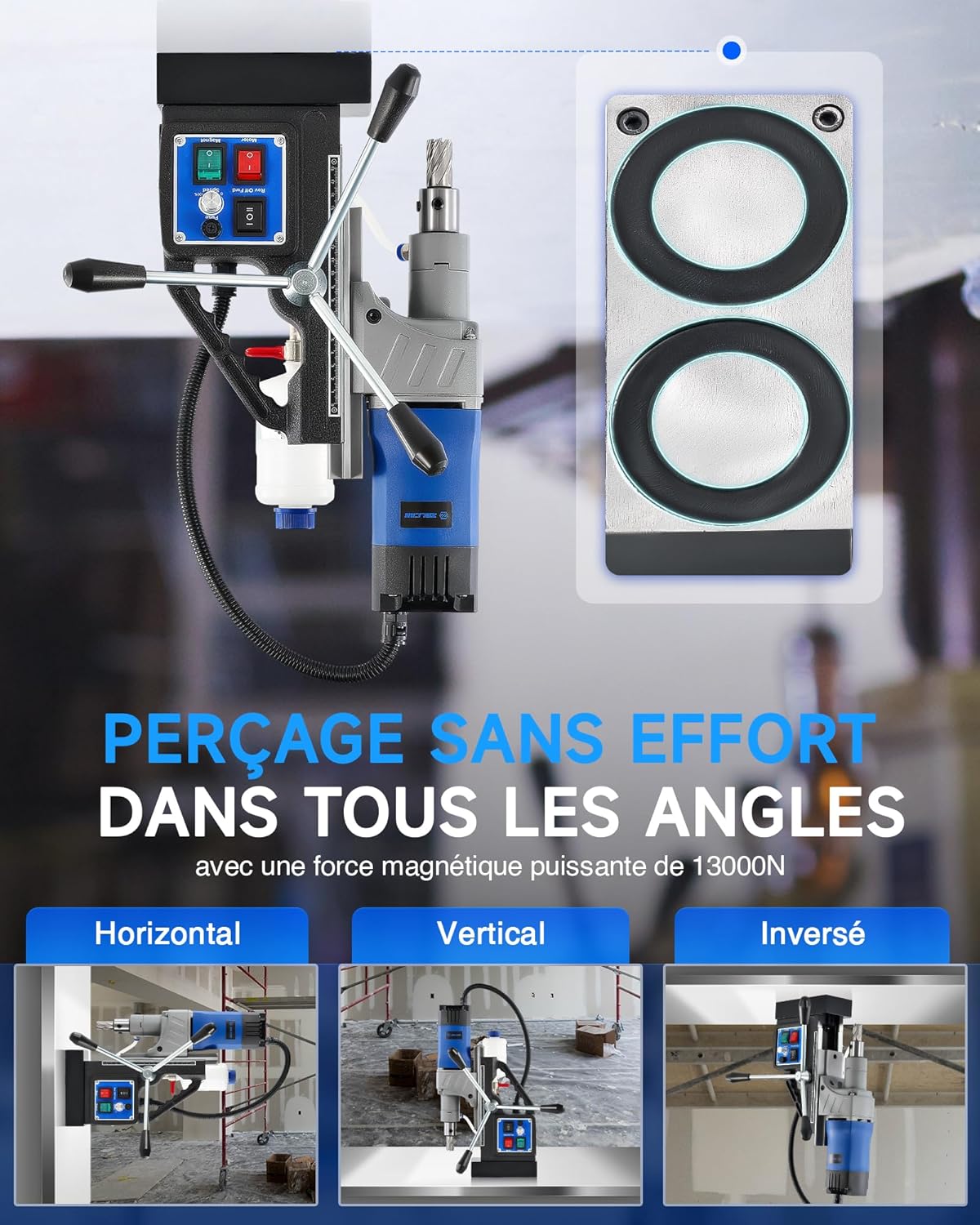 ZELCAN Perceuse Magnétique avec 6 Forets Perceuse à Colonne Électrique Portable 1550W 13000N 580 tr/min Max. Diamètre d'Alésage 50mm Max. Profondeur d'Alésage 50mm